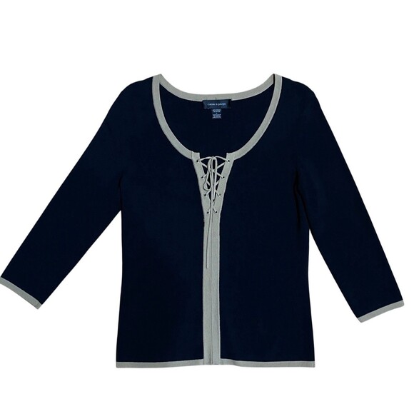 Cable & Gauge Lace up Pullover Top Sz M Black Tan Stretch Casual Blouse Shirt - Picture 7 of 8